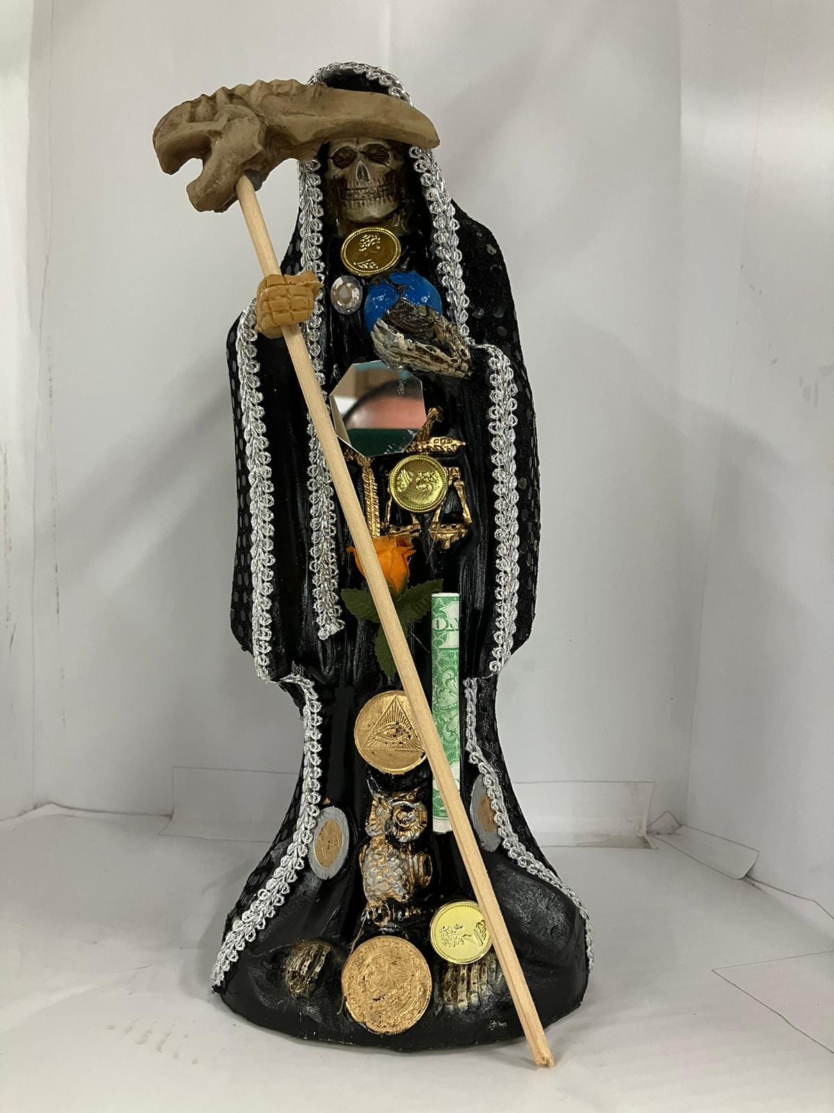 12" Santa Muerte Black Statue Holy Death Grim Reaper Siete Potencias Figure