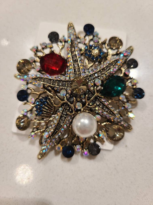 Luxury Crystal Starfish Brooches Women Alloy Sea Star Pearl