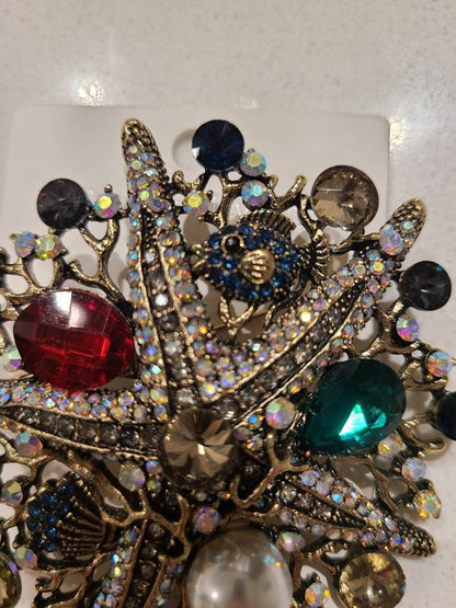 Luxury Crystal Starfish Brooches Women Alloy Sea Star Pearl