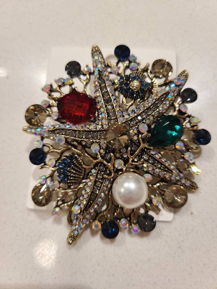 Luxury Crystal Starfish Brooches Women Alloy Sea Star Pearl